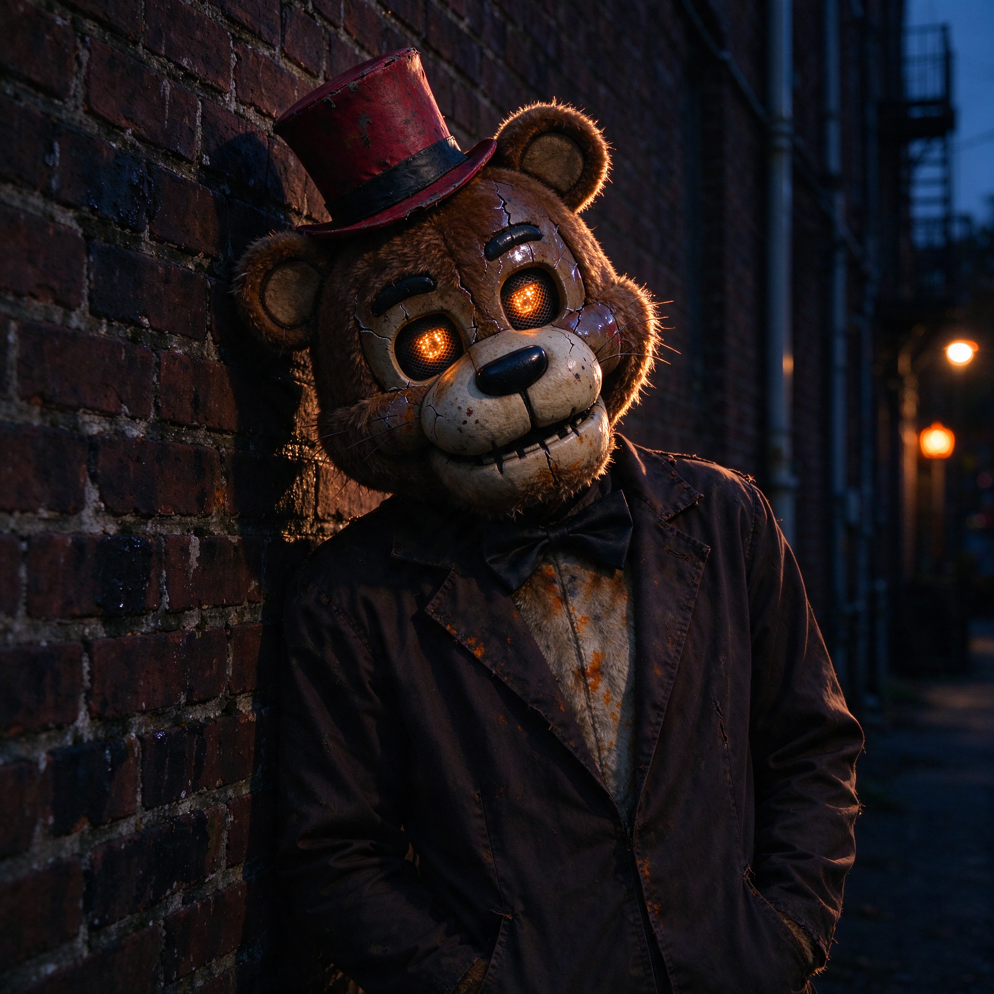 Cracked animatronic teddy bear with glowing eyes leans against a red brick alley wall at twilight