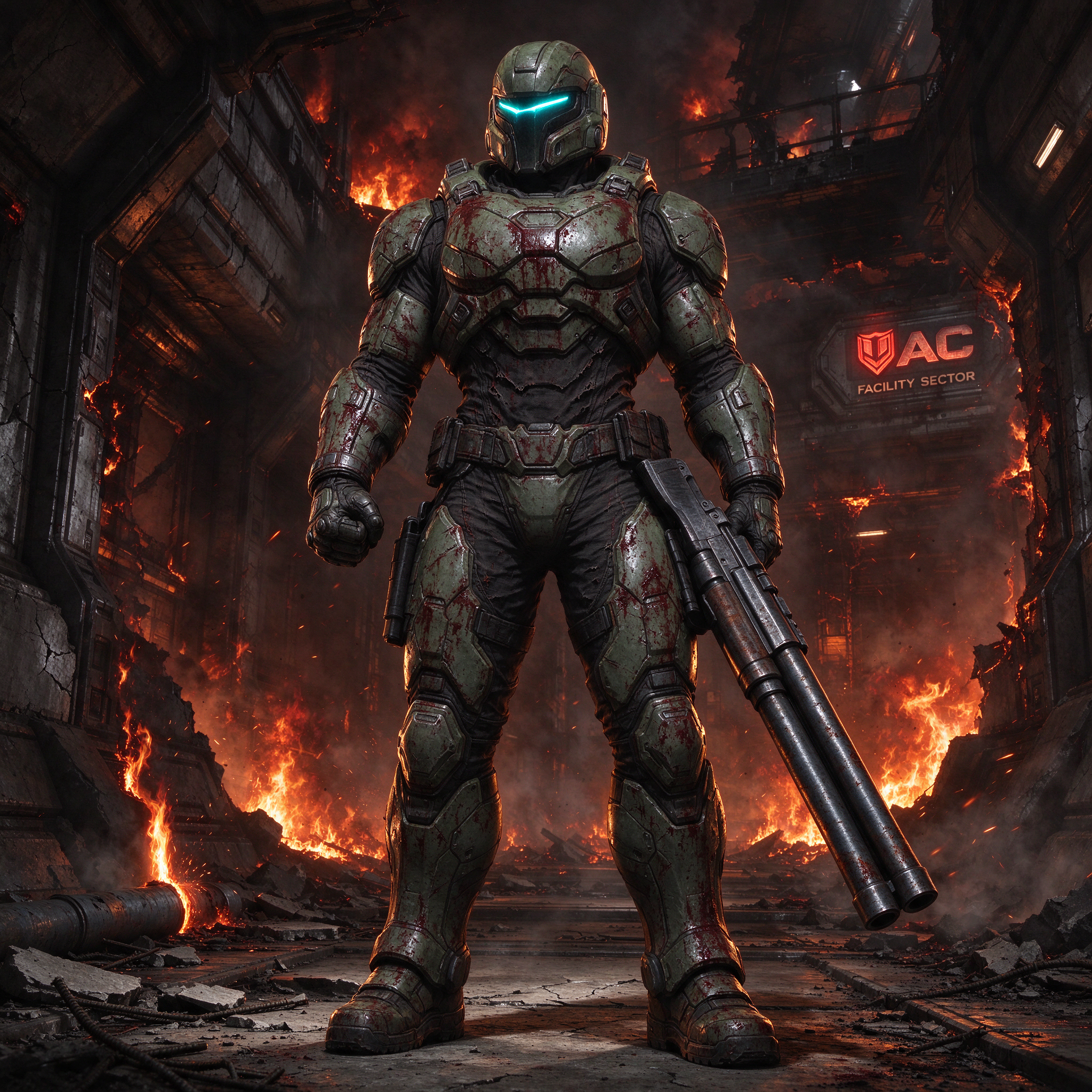 Armored Doom Slayer holds a shotgun standing amid flames in a burning destroyed UAC facility