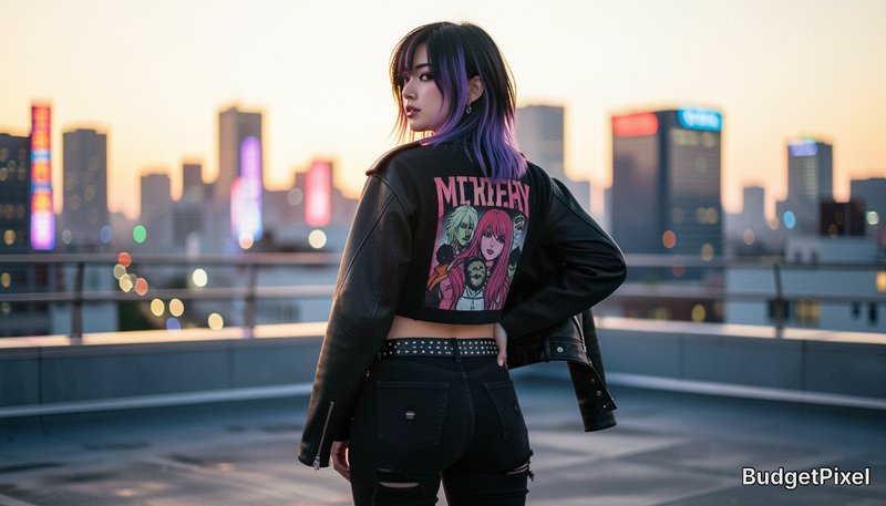 Woman on a rooftop at sunset wearing a cropped jacket with anime graphic and ripped black jeans.