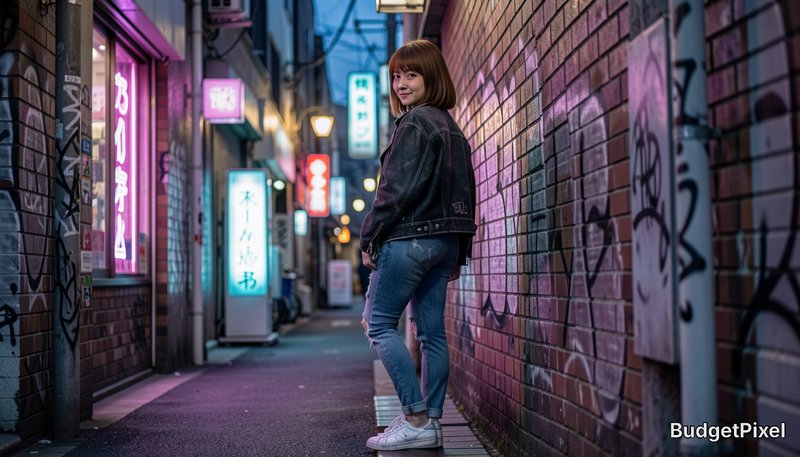 Young smiling East Asian woman looks over her shoulder standing in a neon-lit graffiti-covered Tokyo back alley at dusk