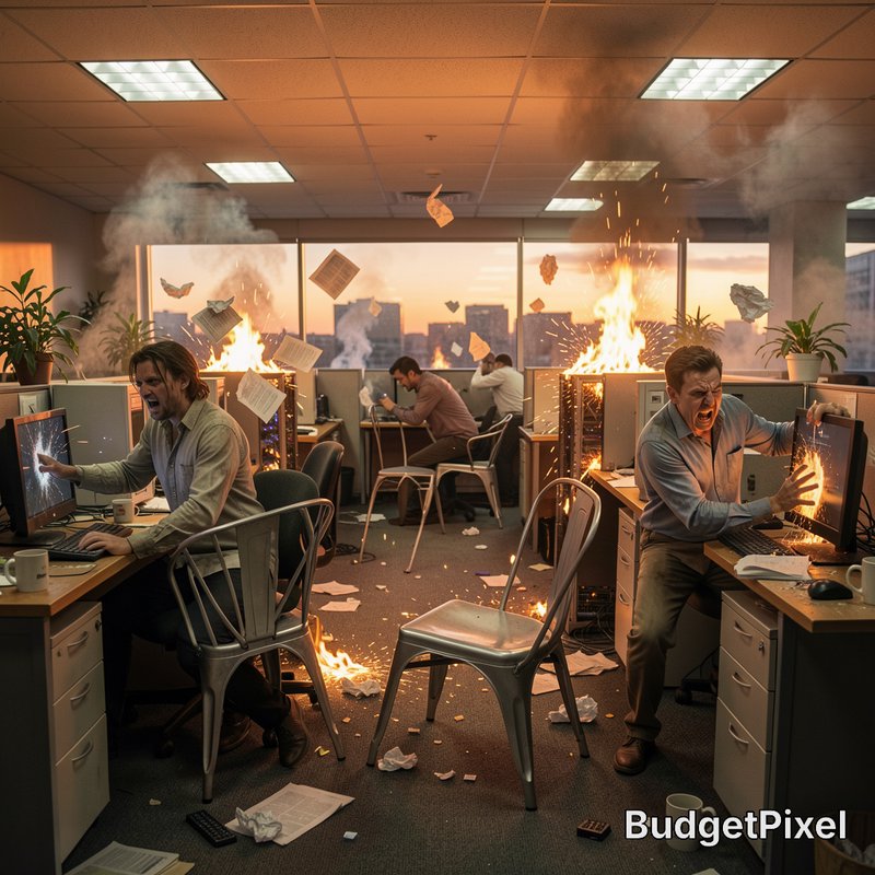 Surreal chaotic office scene of enraged workers as cubicle computers burn, sparks fly, and papers...