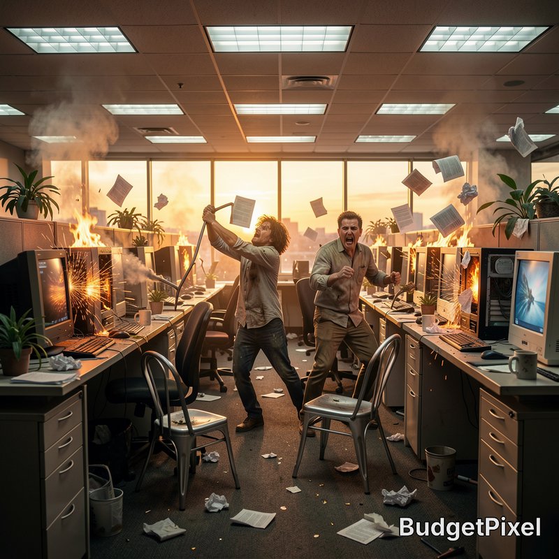 Enraged office workers destroy equipment as computers burn, papers fly in a chaotic sunset-lit co...