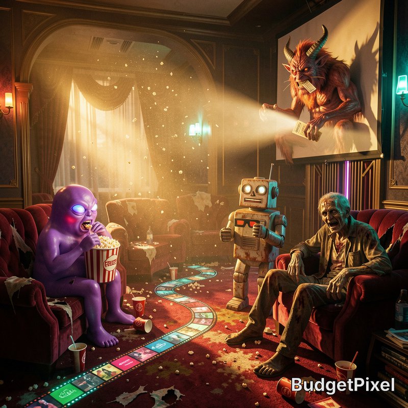 Surreal chaotic movie night scene with a purple alien, retro robot, and zombie in an ornate vinta...