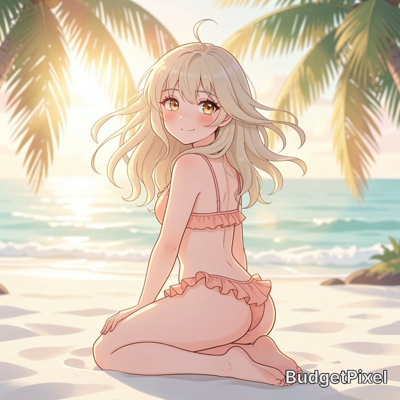 Cute blonde anime girl in a ruffled peach bikini sits on a sunny tropical beach, looking back at ...