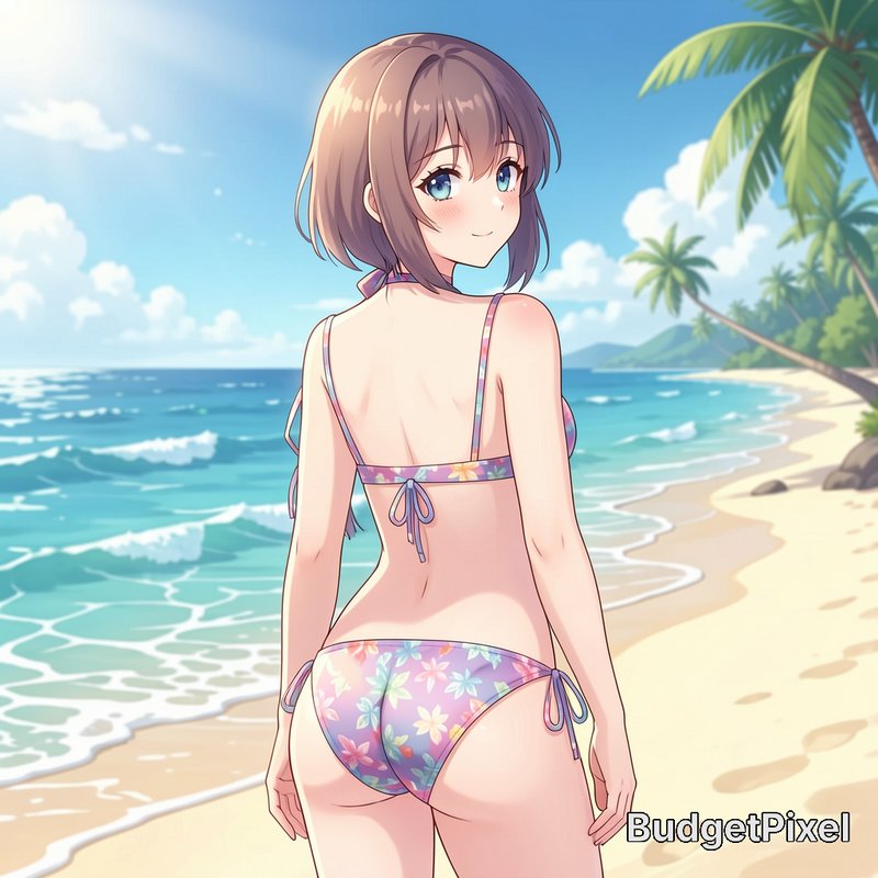 Cute anime girl in floral bikini looks over her shoulder while standing on a sunny tropical beach...