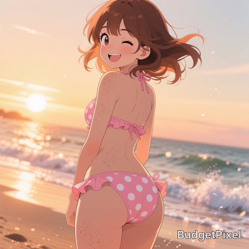Cheerful freckled anime girl in pink polka dot bikini winks, looking back from a sandy beach at g...