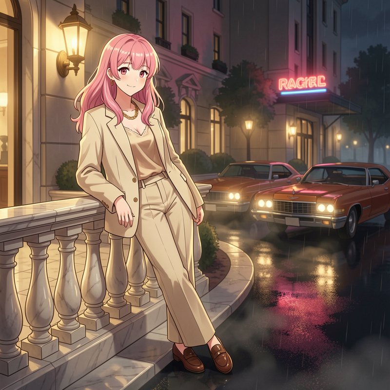 Stylish pink-haired anime woman in a beige suit leans on a marble balcony overlooking a rainy neo...