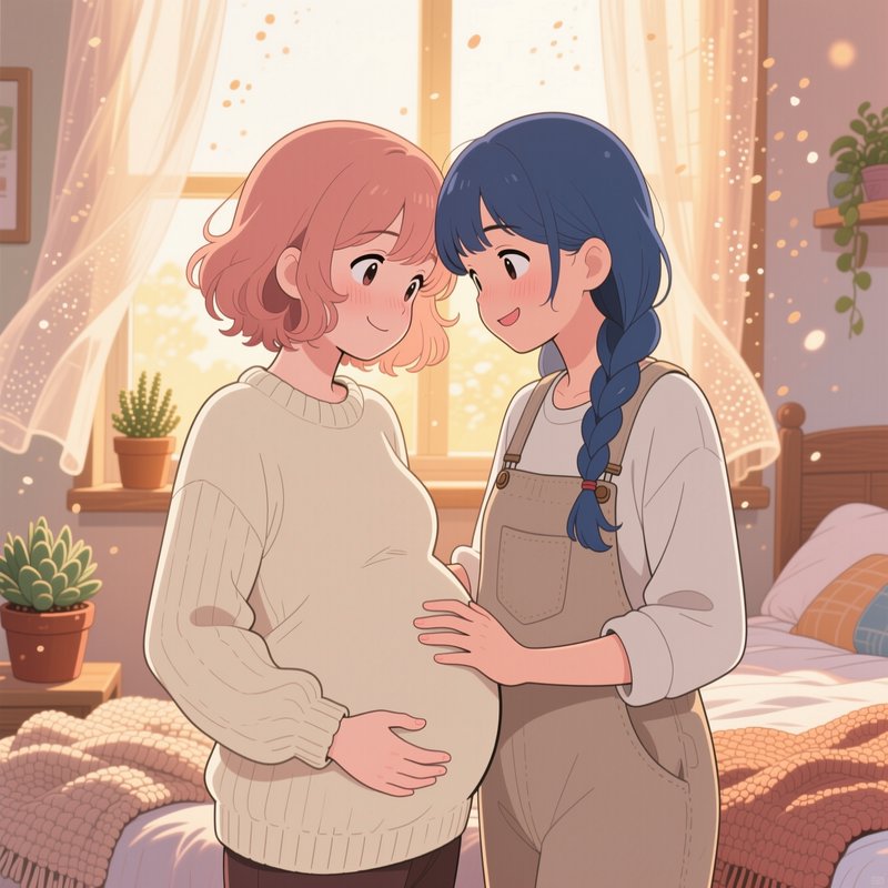 Warm anime illustration of a loving queer couple, one pregnant, sharing a tender moment in a sunl...