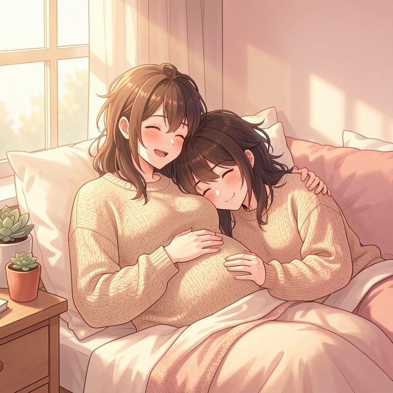 Warm anime illustration of a loving pregnant couple cuddling together in a sunlit cozy bedroom bed