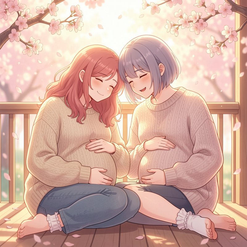 Soft anime art of two happy pregnant women touching foreheads, sitting on a sunlit porch under bl...