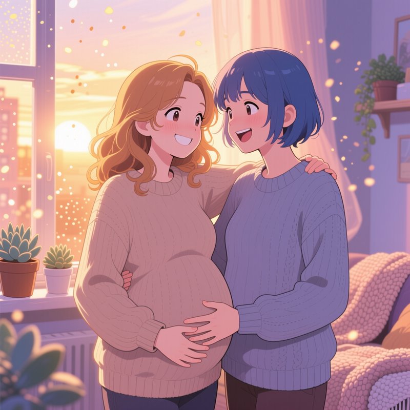 Warm anime illustration of a happy expectant queer couple, gently holding the pregnant partner's ...