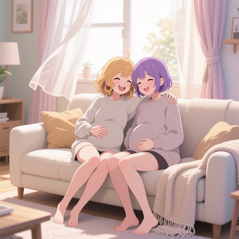 Two smiling pregnant anime women laugh warmly while sitting together on a sunlit cozy living room...