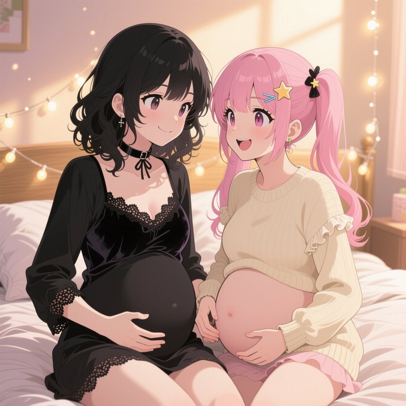 Anime illustration of two smiling pregnant young women sitting together on a cozy sunlit bedroom ...