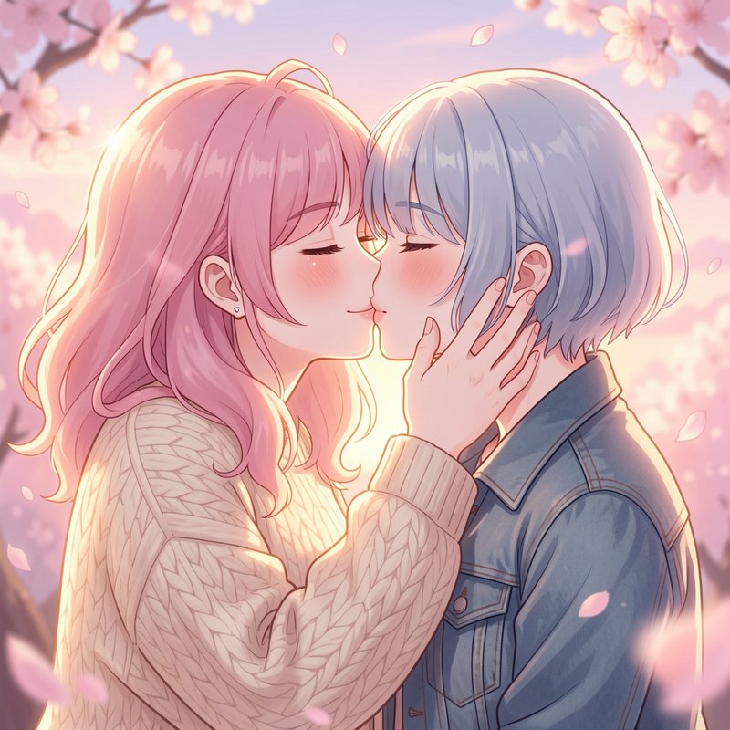 Pastel anime art of a tender sapphic couple sharing a soft kiss under cherry blossoms at golden s...