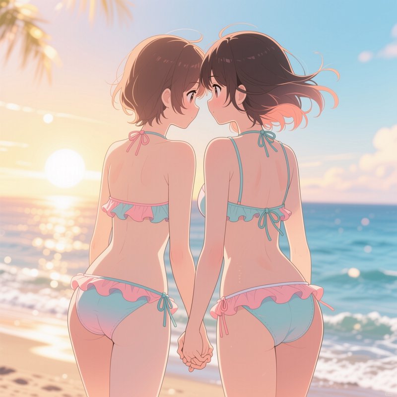 Pastel anime illustration of two young women holding hands in matching bikinis on a sunlit beach ...
