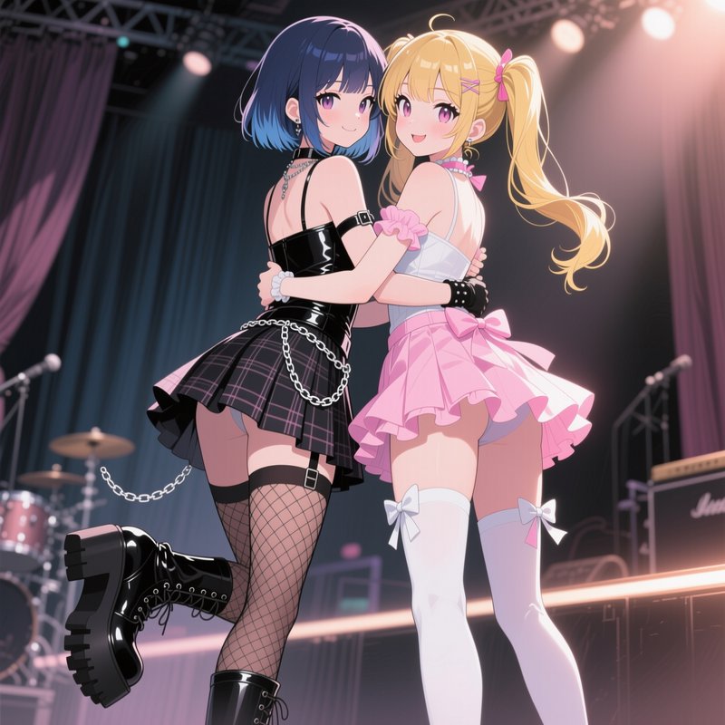 Two anime idol girls embracing warmly on a lit concert stage, wearing contrasting punk and pastel...