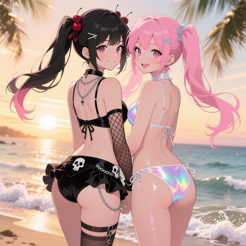 Two anime twin-tail girls in contrasting edgy and pastel bikinis pose side-by-side on a beach at ...