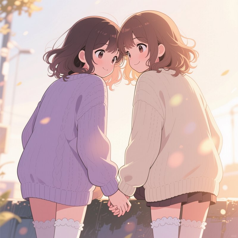 Two soft anime girls holding hands, smiling as they lean close together in warm golden hour outdo...