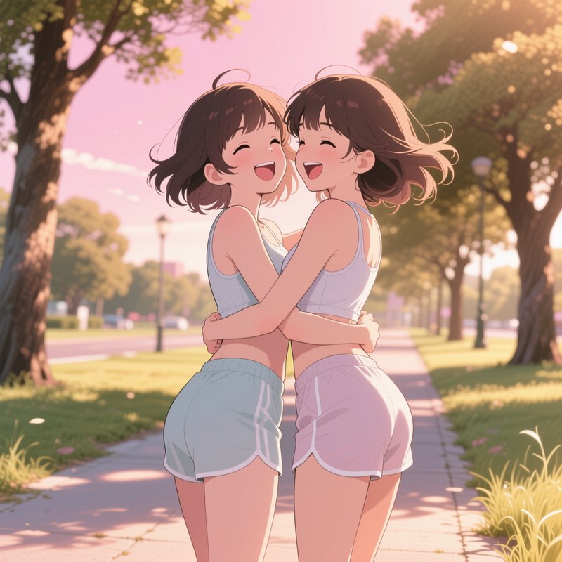 Anime illustration of two laughing young women hugging on a sunlit tree-lined park sidewalk at go...