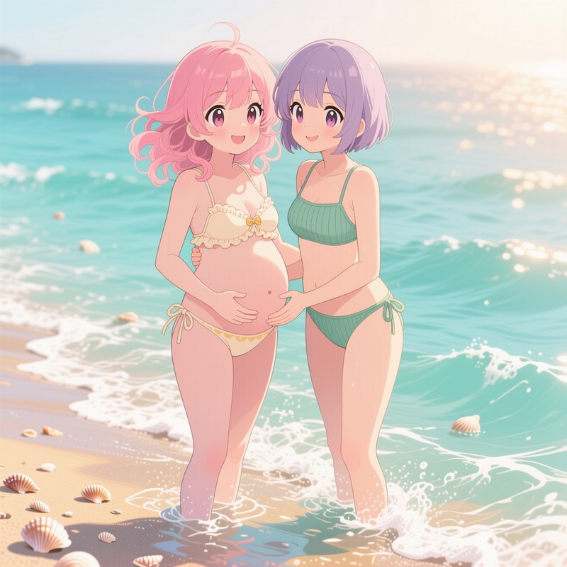 Cute pastel anime girls standing in shallow beach surf, gently resting hands on a pregnant friend...