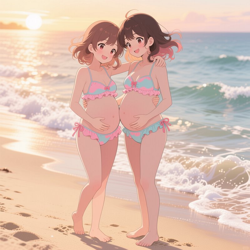 Two smiling pregnant anime friends in matching pastel bikinis stand embracing on a sandy beach at...