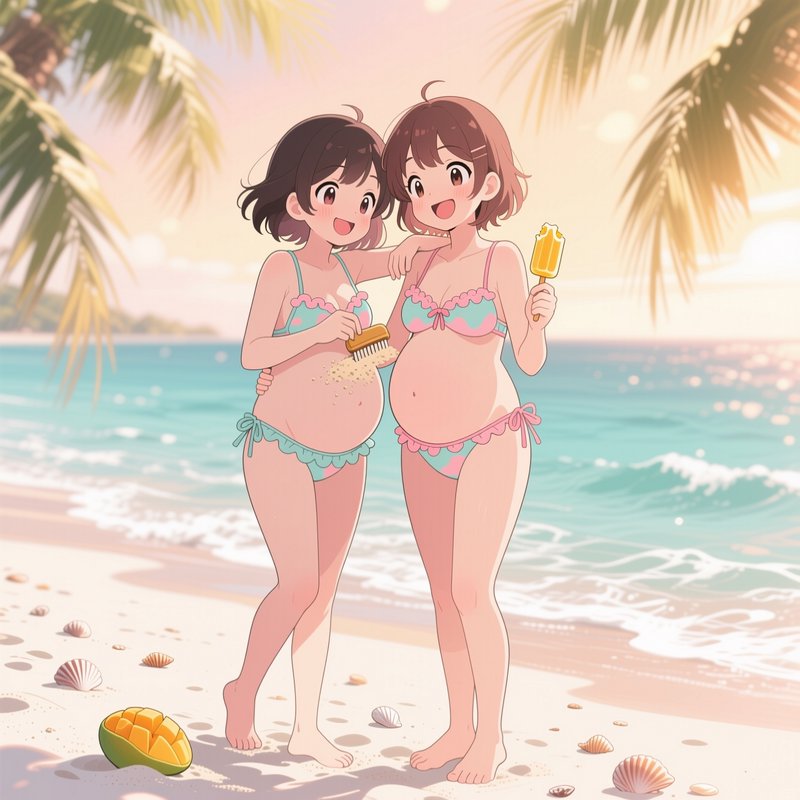Happy anime illustration of two pregnant friends in matching bikinis enjoying a playful sunny day...