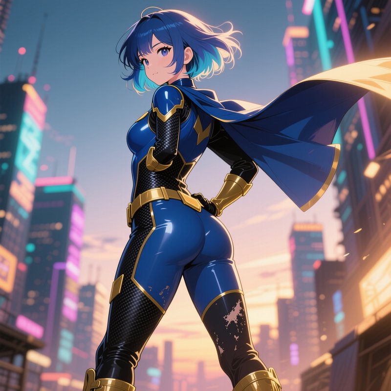 Anime female superhero with gradient blue hair stands confidently over a neon futuristic city at ...