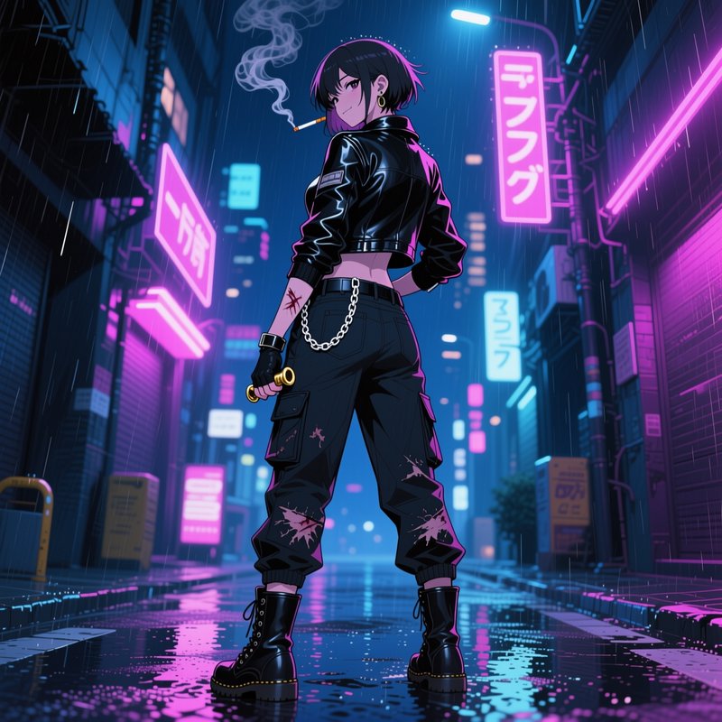 Cyberpunk anime girl in cropped leather jacket stands in a rainy neon-lit Tokyo alley, glancing o...