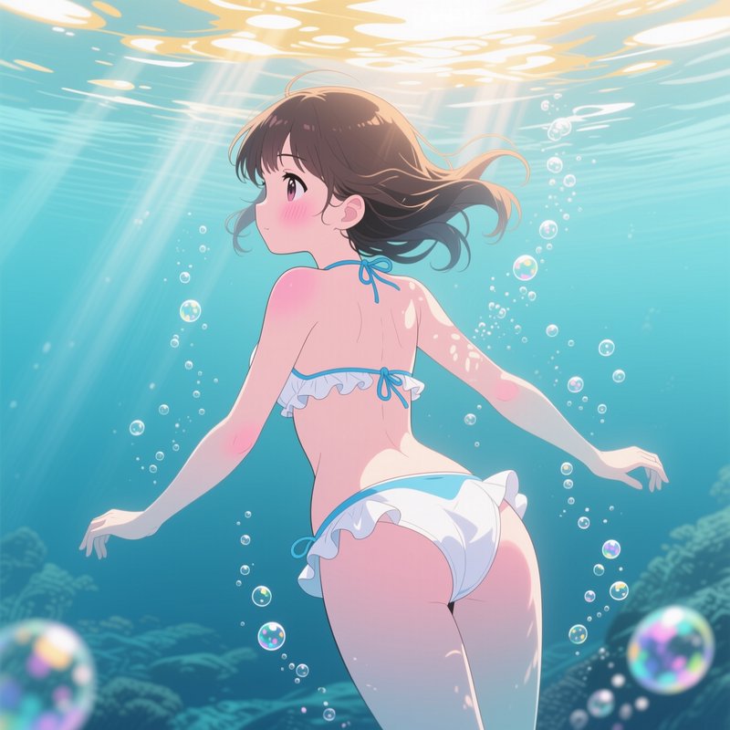 Anime girl in a frilly bikini floats underwater, as golden sunbeams shine through turquoise water...