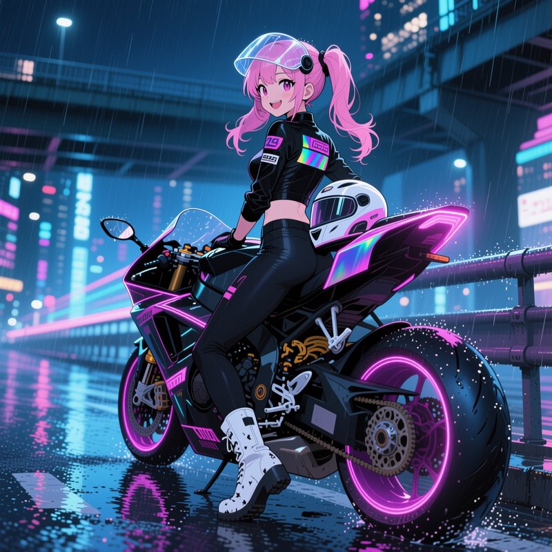 Cheerful pink pigtailed anime biker girl seated on neon accented sportbike on rainy cyberpunk cit...