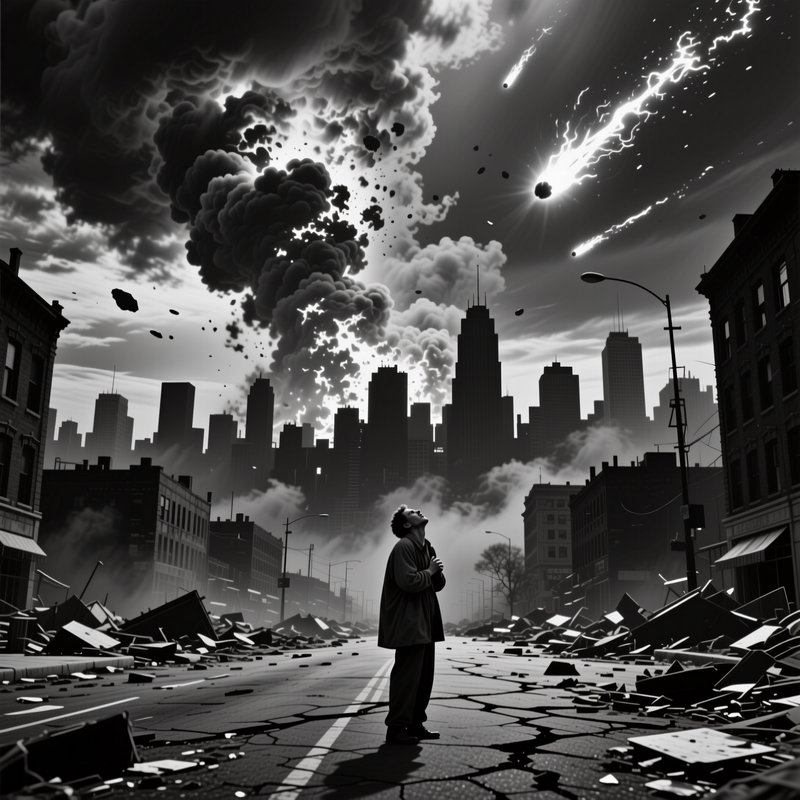 Black and white apocalyptic art of a lone man looking up at falling meteors above a destroyed cit...