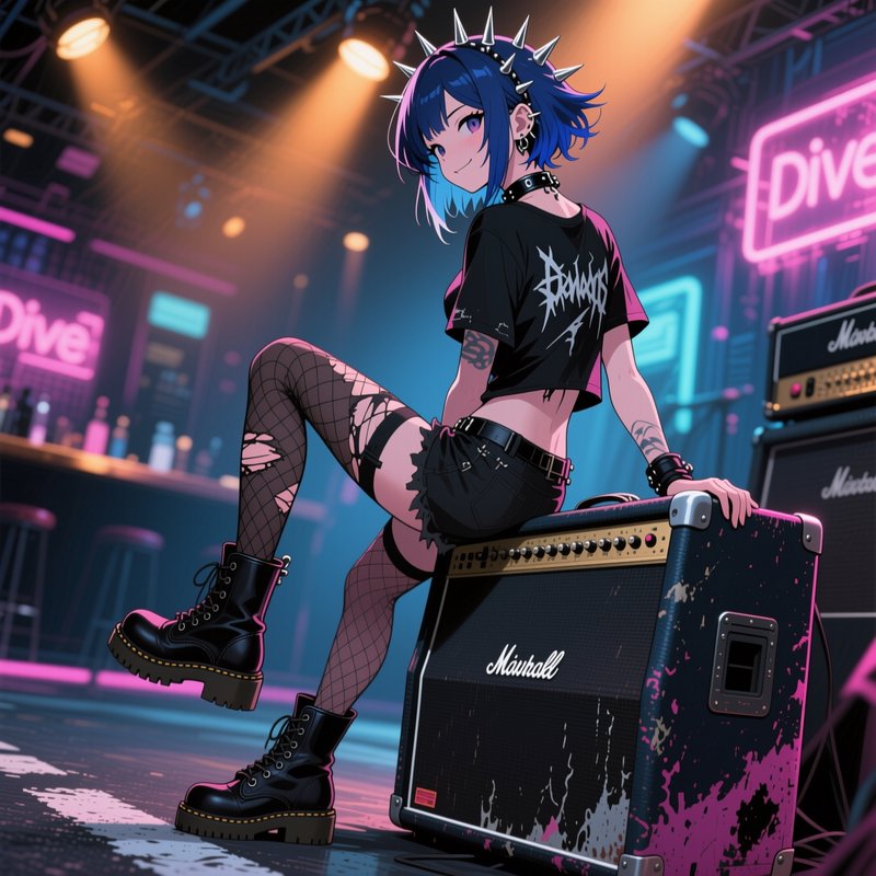 Punk anime girl with short blue hair and spiked accessories sits on a guitar amp in a neon lit di...
