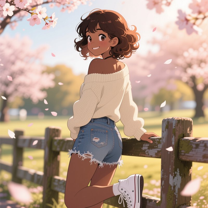 Smiling curly haired brown skin anime girl leans on a park fence beneath blooming cherry blossom ...