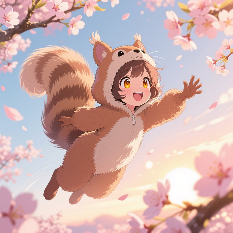 Joyful chibi anime girl in a fluffy squirrel onesie leaps among falling cherry blossom petals at ...