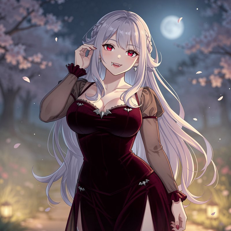 Anime vampire girl with long silver hair, red eyes, and fangs stands in a moonlit cherry blossom ...