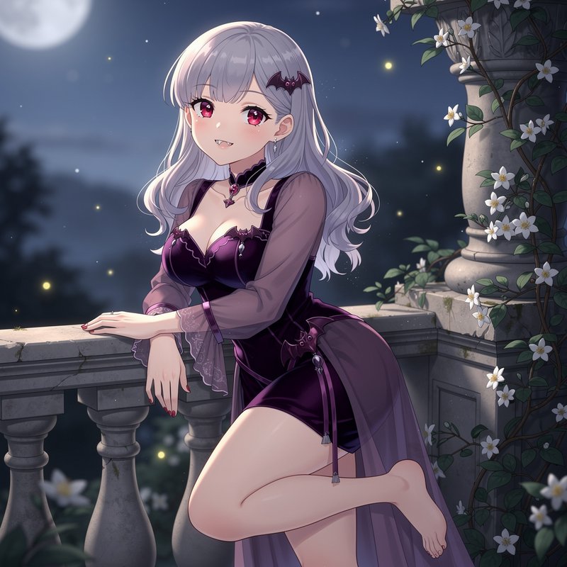 Anime young vampire girl with silver hair and purple dress leaning on a stone balcony under a ful...