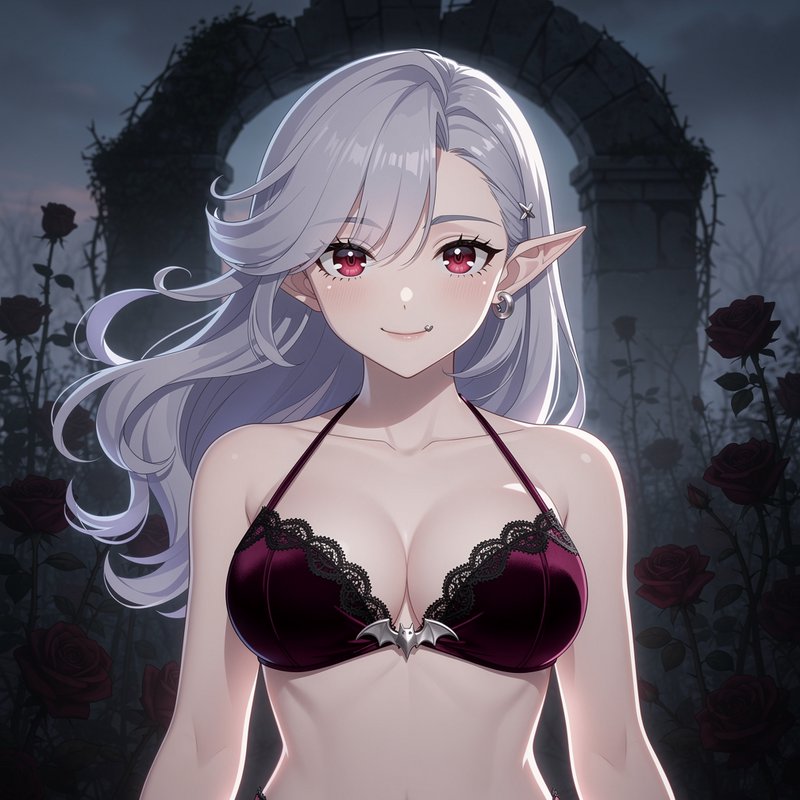 Anime elf girl with wavy silver hair, red eyes, and pointed ears, standing in a dark rose garden ...