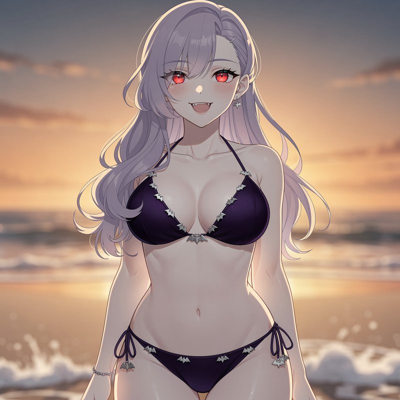 Anime vampire girl with lavender hair, glowing red eyes, and bat-accent bikini stands on a beach ...