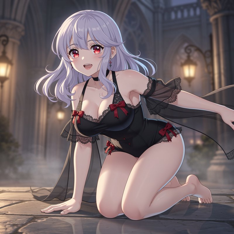 Anime girl with lavender hair and red eyes kneels in a gothic castle wearing black lace lingerie ...