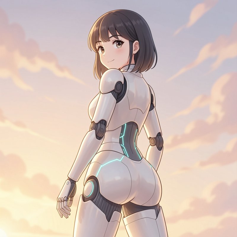 Anime style female android in a white robotic suit looks back over her shoulder against a soft pa...