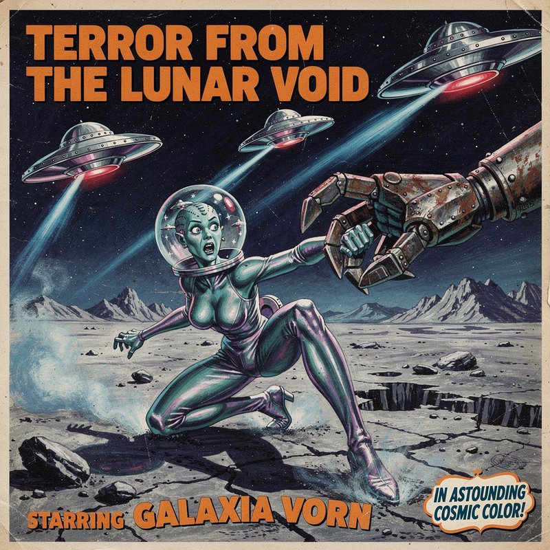 Vintage retro sci-fi poster of shocked green alien astronaut grappling with a robot hand on the m...