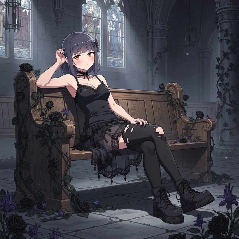Gothic anime girl in a black lace dress reclines on a vine-covered church pew in a dim stone cath...