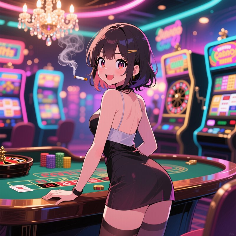Smiling anime girl leans on a roulette table inside a vibrant neon lit casino