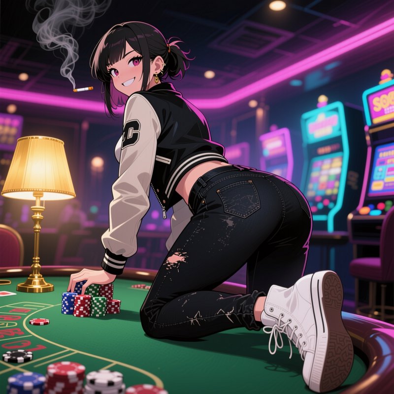 Stylish anime girl kneeling on a poker table reaching for chips inside a neon lit casino