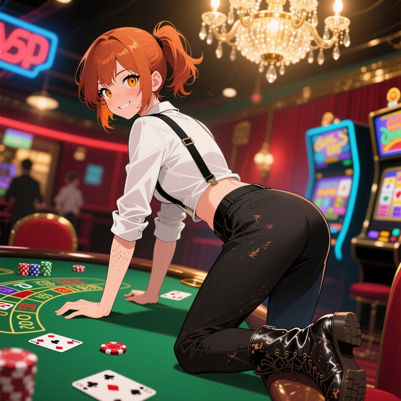 Smiling orange-haired anime girl kneels on a green poker table inside a lavish casino