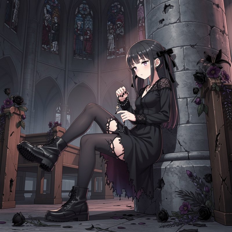 Goth anime girl holding a rosary sits against a stone pillar inside a crumbling abandoned church