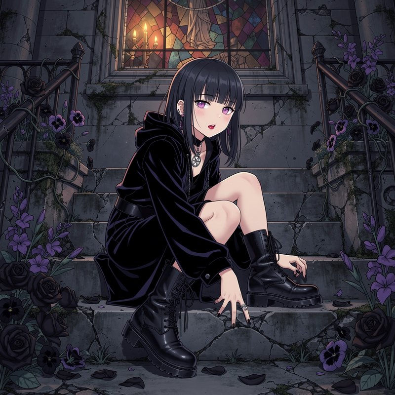 Goth anime girl with purple eyes sits on weathered stone church steps below a lit stained glass window