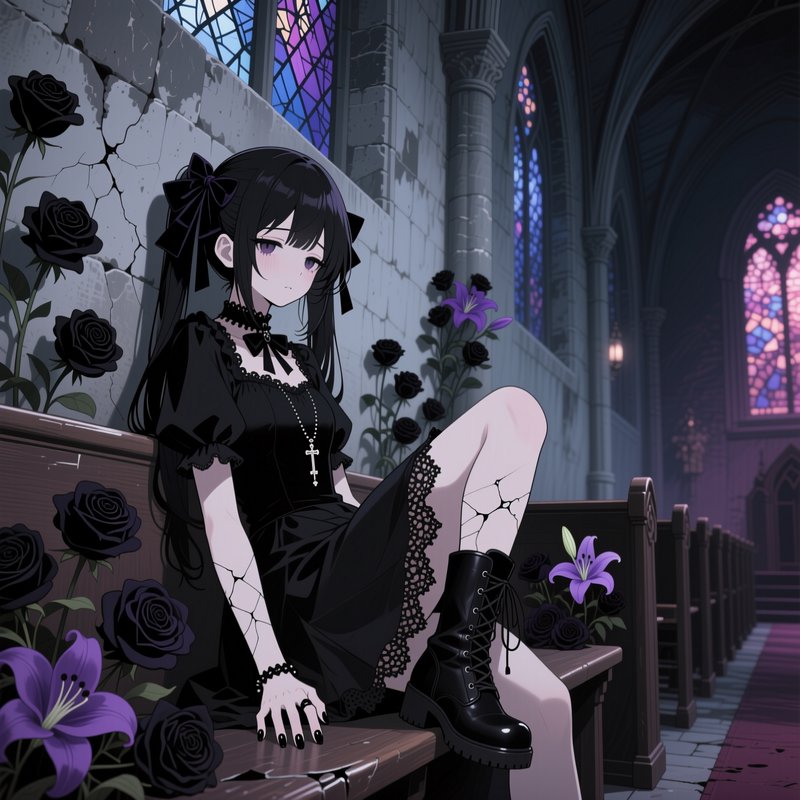 Gothic anime girl with cracked porcelain skin sits on a church pew surrounded by black roses and purple lilies