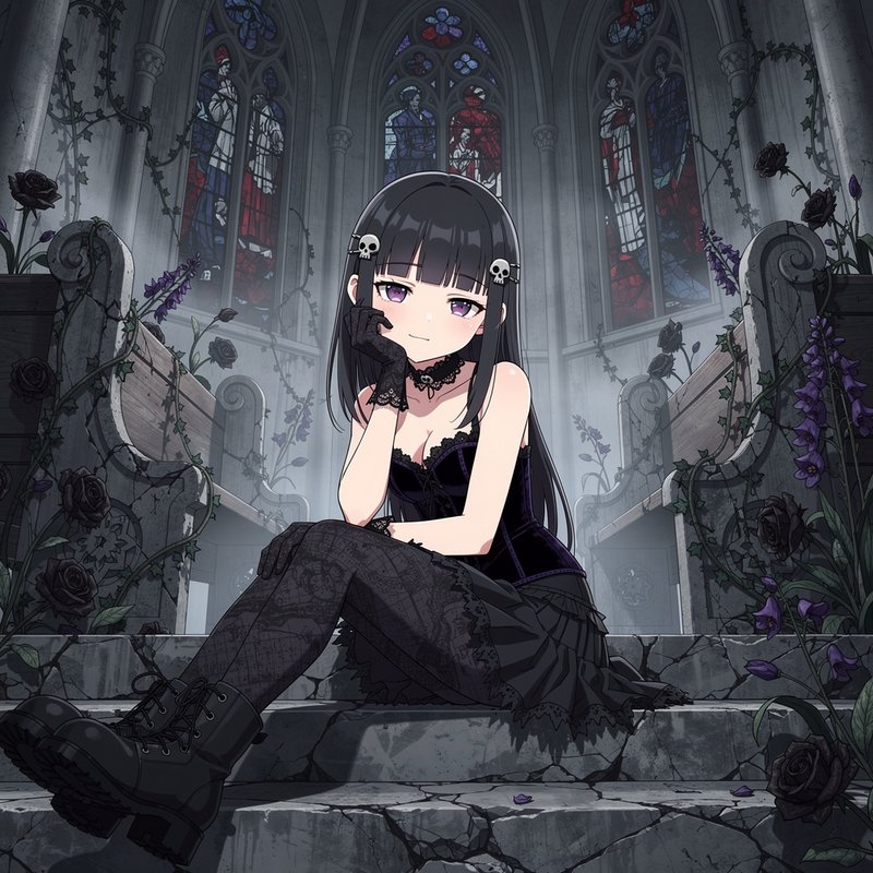 Goth anime girl with skull hair clips sits on cracked stone steps of an overgrown abandoned church