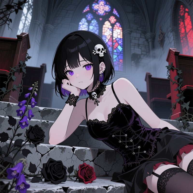 Goth anime girl with purple eyes reclines on cracked stone church steps beside dark roses